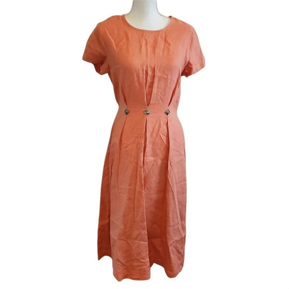 Vintage 90s Womens Salmon Pink Orange Linen Maxi Dress‎ Pleated Tie Back Sz S/M - Picture 1 of 8